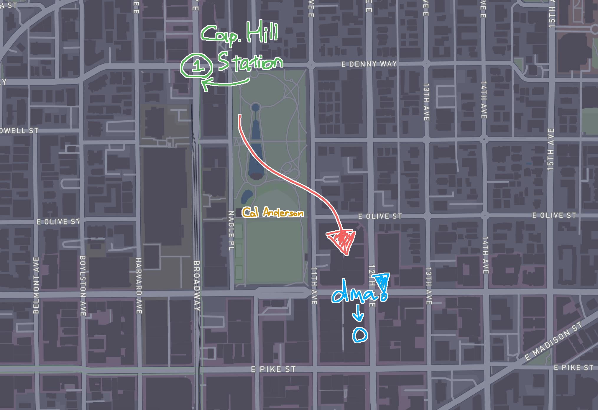 Annotated map showing directions from Capitol Hill Station/Cal Anderson Park to dma.space